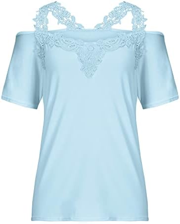 Camiseta da blusa para feminino ombro floral ombro frio manga curta vil de pescoço de pescoço renda de renda de retalhos