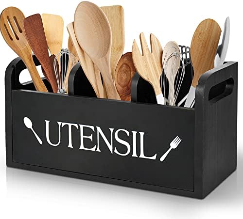 Suporte de utensílio memorial para balcão de cozinha, organizador de utensílios de cozinha grande rústico com 3 compartimentos,