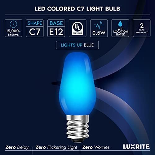 Lâmpadas de reposição azul Luxrite C7 LED para luzes de corda, 0,5w, lâmpada de candelabra colorida à prova de quebra, acessórios