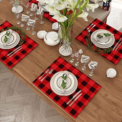 Placemats para mesa de jantar, conjunto de 4 búfalo preto laranja Verificação de placemats Conjunto xadrez Decorações