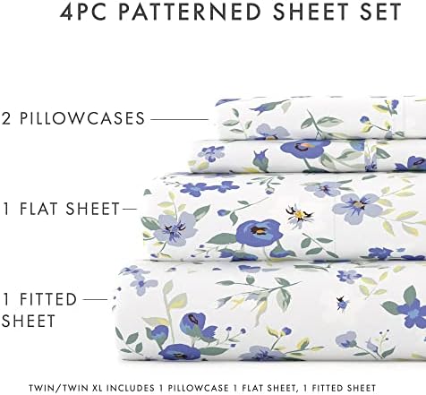 MERIT LINHAS DE LINHAS DESLIGADAS ESTILO DE HOTEL BRILHAÇÃO RAY FLORAL LETS | 4 PC Blue Blossoms Sheet Definir bolso profundo