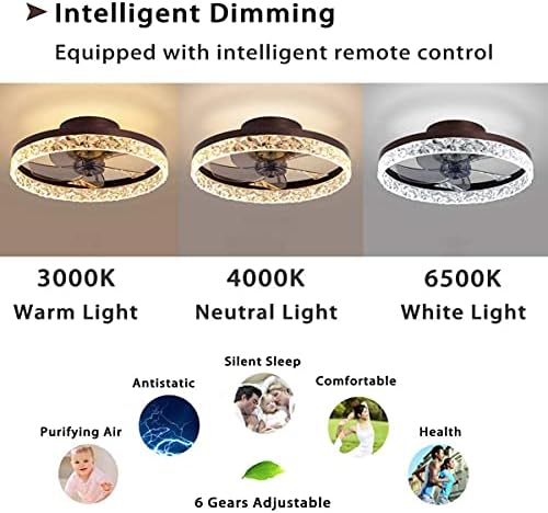 Omoons Candelier, ventilador de teto LED de quarto com luz leve, luz de teto de cristal, diminuído com controle remoto, moderna