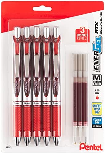 Pentel Energel Liquid Gel Timbil Canetas 0,7 mm - Pacote de 5 canetas de Energel Red Deluxe Rtx com 3 recargas