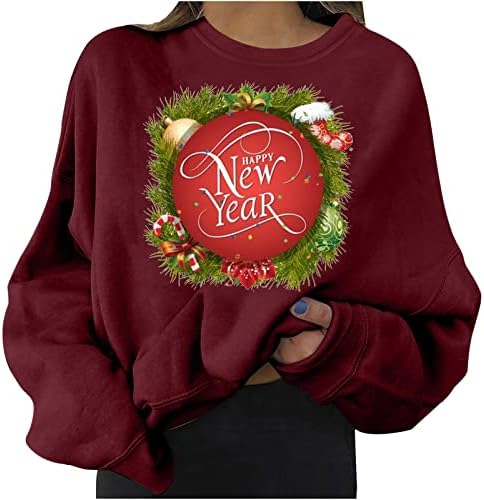 Sorto plus size para mulheres Feliz ano novo Carta impressa Pullover de manga longa Crega de cola de pescoço camisetas blusas