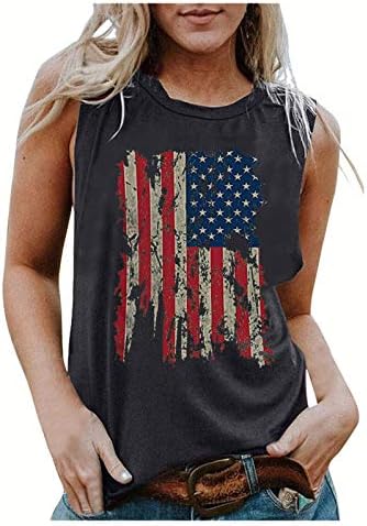 4 de julho Tampo de tampo para mulheres sem mangas U Camisetas de pescoço American Flag Star