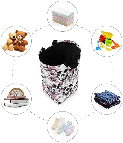 Bolsa de lavanderia Mnsruu com alças, flores do crânio de Halloween e cerejas rosa dobráveis ​​cestas de lavanderia dobrável