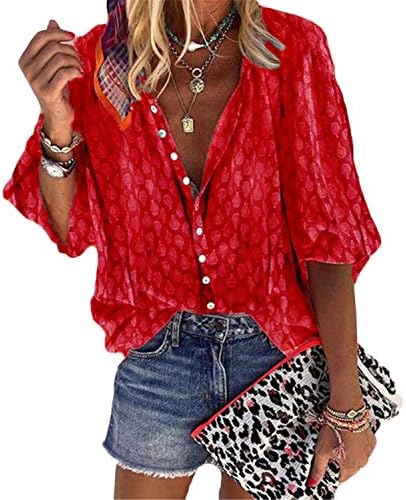 Andongnywell Women 3/4 Shirts de manga V Button Button Button Down Tops Blusa impressa multicolorida