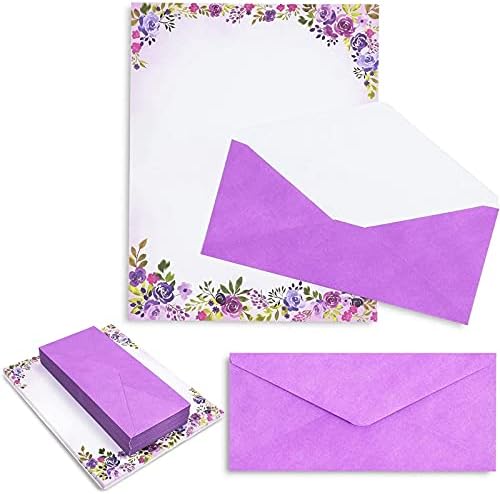 Papel de papelaria floral e envelopes de aquarela roxa