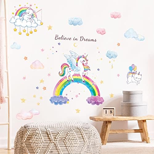 Adesivos de decoração de parede arco -íris decalques de parede de unicórnio Aquarela Rainbow Unicorn Cat Cloud Star Wall