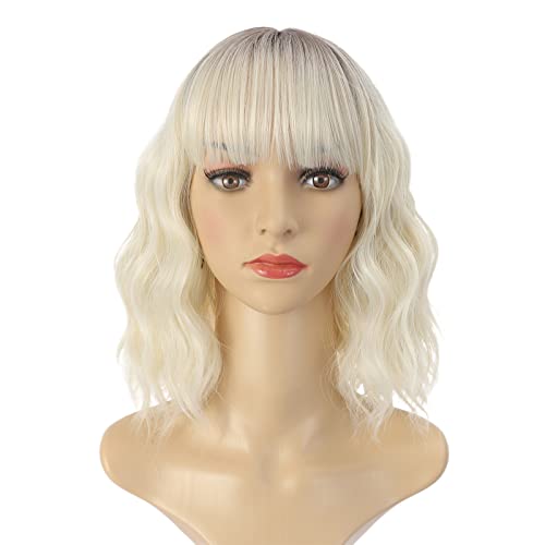 Hair de cabelo curto peruca com franja ombre loiro traje ondulado bob wigs natura