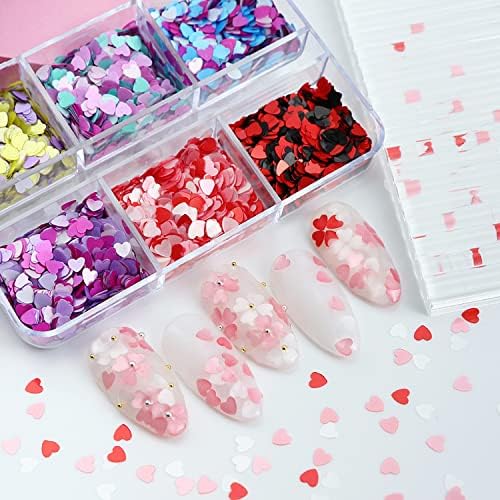 Decorações de unhas do Dia dos Namorados Holográfico do Coração Decorações de Unhas 6 Vincos Mistos Cor 3d Love Heart Unhas