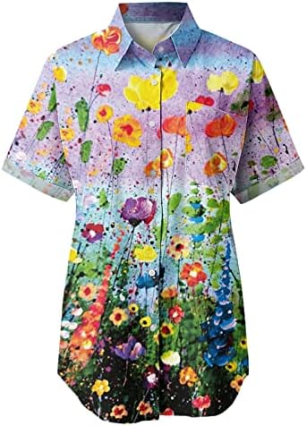 Cotovelo comprimento de manga top feminina moda de manga curta de impressão floral botão de bolso camiseta casual blusa popular tops
