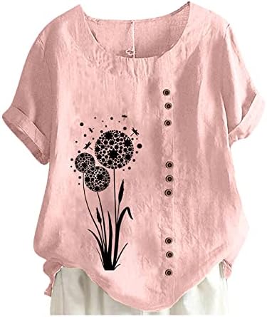 Camas de linho de algodão feminino plus size de manga curta casual tampas florais tops soltos e confortáveis ​​de túnica