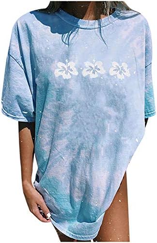 Tops de verão de grandes dimensões para mulheres de manga curta camisas de praia soltas Crewneck tie tying lírio gráfico tee spf