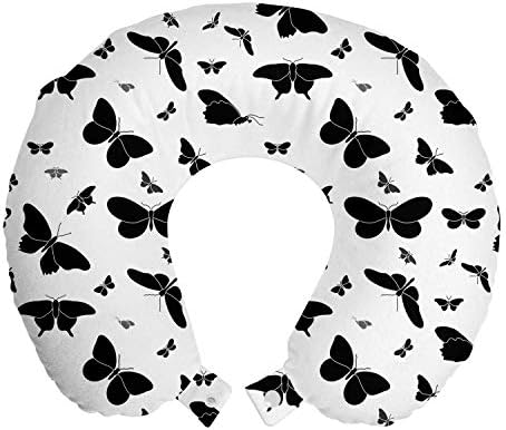 Ambesonne Butterfly Travelh Pillow Pillow Rest, abstrato de design monocromático de bugs ilustração ornamental e borboletas, acessório