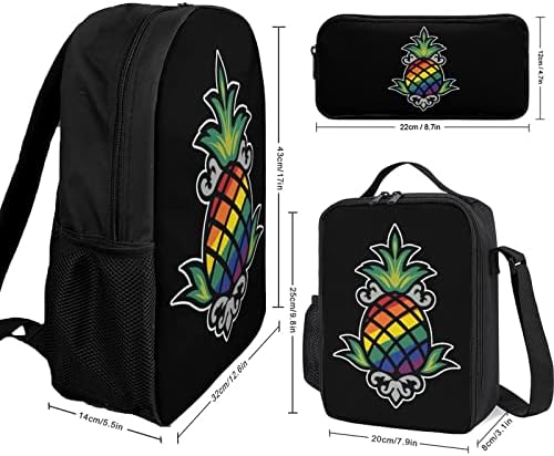 Rainbow Pineapple 17 polegadas combinação de mochila com lancheira diagonal Caixa lápis 3 peças para estudo de viagem