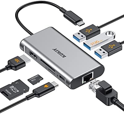 USB C Hub 8-em-1 com 4K HDMI, Kukiy Gigabit Ethernet, 3 USB 3.0, carregamento de 100w PD e SD & Micro SD Card Reader USB C Adapt