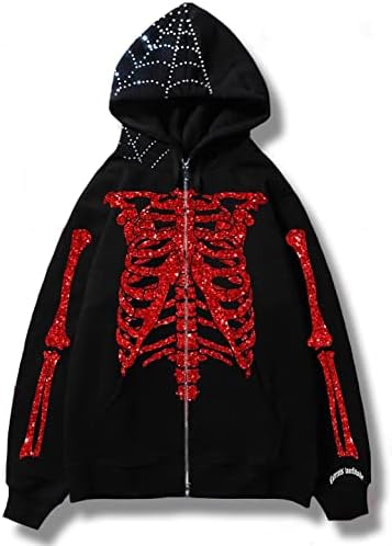 Easyoyo Skeleton zip up capuz para homens mulheres, jaqueta gótica Y2K Diamond Glitter Glitter Grunge Punk Dark E-Girl