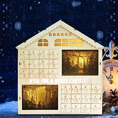 QSUM Christmas Advent Wooden Calendário 2023, Dream House Countdown para o Natal, Lâmpada de escultura de papel LED com