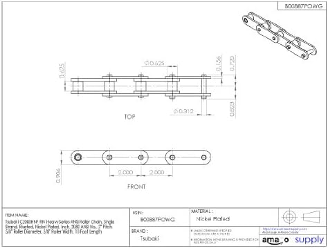 Tsubaki C2080HNPRB Série pesada Ansi Chain Roller, fita única, rebitada, níquel, polegada, 2080 ANSI No., 2 Pitch, 5/8 Diâmetro