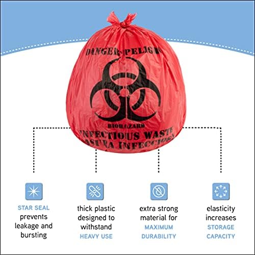 Sacos de resíduos de biohazard 10 galões 24x24 lixeiras de lixo perigosas vermelhas - bolsas de grau médico sem vazamento