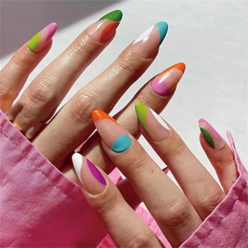 24pcs verão colorido francês unhas falsas capa completa amêndoa pressione curta em unhas com cola para mulheres e meninas