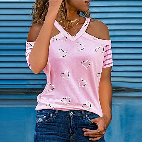 Manga curta Vneck Graphic Love Blouse listrada camisa para meninas adolescentes Tshirt Summer Tshirt ga ga ga ga ga ga ga ga ga ga