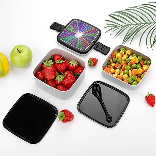 Glitter Rainbow Bento Box Double Camada All-in-One empilhável para almoço com colher para viagens de trabalho de piquenique