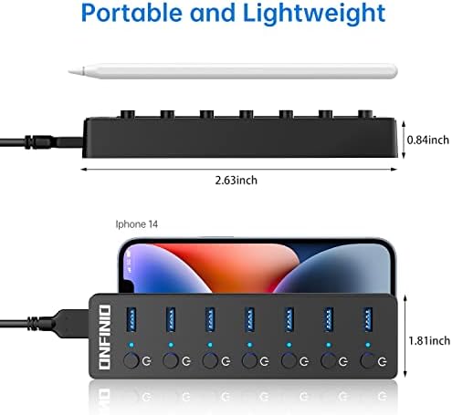 Onfinio USB Hub, 7 Port USB Hub 3.0 com porta múltipla de cabo USB de 3,3 pés com interruptores de LED individualmente