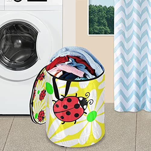 Ladybug Flowers Proy Up Up Laundry Tester com tampa de zíper cesta de roupa dobrável com alças Organizador de roupas de cesto de armazenamento
