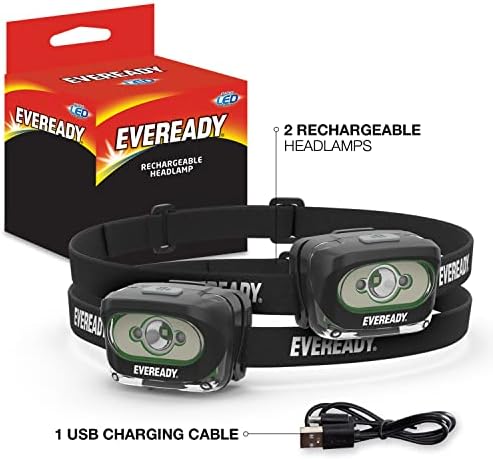 Eveready Recarregable LED faróis, luzes resistentes à água IPX4 para correr, camping, emergência, ao ar livre, preto, ajustável