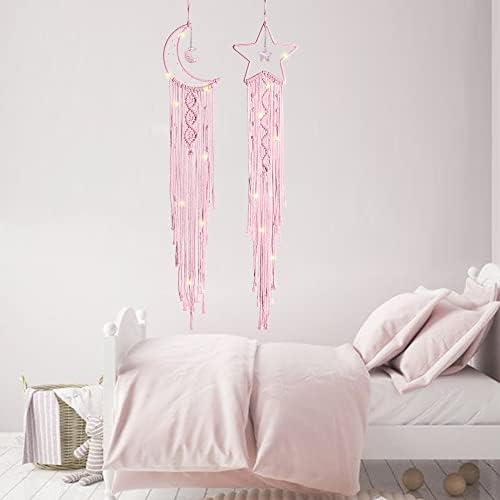 Pink Moon Star Dream Catchers 2pcs Dreamcatcher com luzes Decoração de sala rosa Macrame Wall Hanging Girls Room Decoração