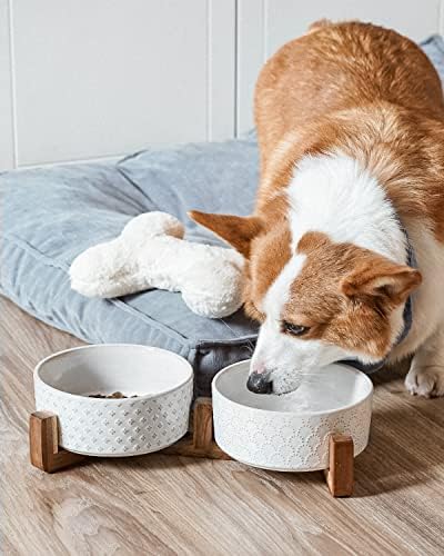 Le tauci tigelas de cachorro Cerâmica, tigela de cachorro conjunto com suporte de madeira de acacia, 3 xícaras de cães