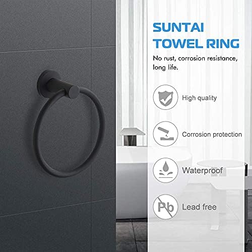Anel de toalhas suntai, acessório de banheiro aço inoxidável parede de aço grudado anel de toalha de mão fosco preto preto
