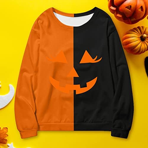 Pullover de Halloween de Wocachi para homens mulheres, bloqueio engraçado de abóbora colorido de retalhos unissex casais Crew pescoço