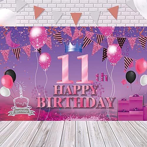 Feliz aniversário de 11º aniversário Banner Pink Purple 11º placar poster 11 material de festa de aniversário para fotografia