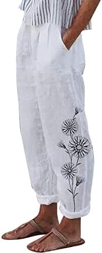 Calça de linho de algodão feminina Long Plus Size Butterfly Imprimir calças retas Cantura elástica calça de moletom leve