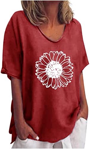 Verão feminino de linho de algodão Tops Tops da moda curta de manga curta camisetas de túnica de flor lúdicas de pópolas de tripulação