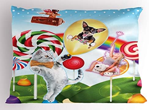 Ambesonne Animal Pillow SHAM, Fantasia colorida Terras arco -íris árvores de cão gato cão menino voando na mala, almofada de tamanho