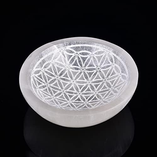 AMOYStone Selenite Bowl 4 Padrão gravado Flower of Life & Selenite Bowl Diamond em forma de diamante 4
