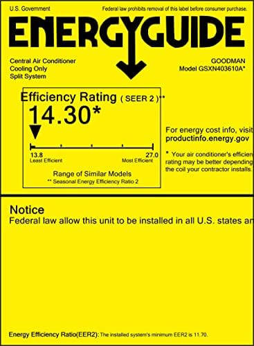 Goodman 3 toneladas 14.3 Seer2 Condensador de ar condicionado e bobina horizontal - termostato livre incluído - GSXN403610