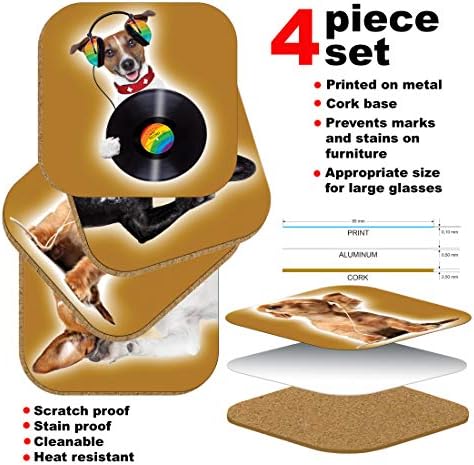 Pictor Gift Jam Sessão Tabela absorvente, mesa decorativa de 4 peças metal com montanha -russa de cortiça, amantes de cães Terrier,