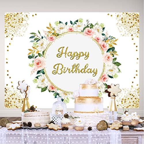 Lofaris Floral Feliz aniversário Caso -pano rosa Flor de flores DOTS DOL GOLD Decorações de fundo círculo de meninas Banner