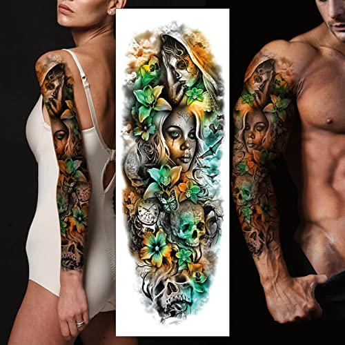Tatuagem temporária, flores do crânio México Padrado de tatuagem de tatuagem falsa sexy 3D Sexy tatuagem extra -d'água extra grande,