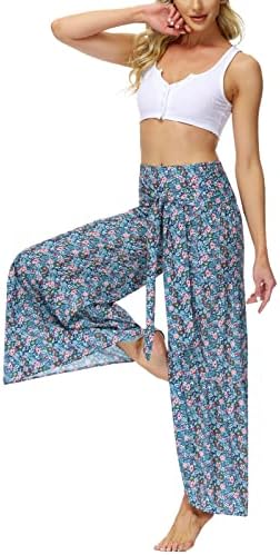 Timemory Womens Wide perna Palazzo calça verão Summer Loose Beach Casual Boho Floral Impresso Bohemian Belted calça calças