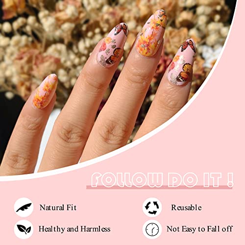 Glitter Butterfly amêndoa curta unhas gradiente Pressione Pressione Dicas de arte de unhas de dedo falso 24pcs