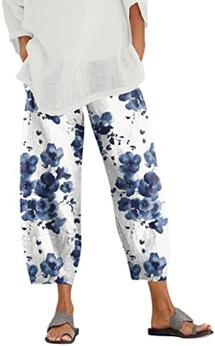 Calça de linho de algodão Womens Womens for Women Casual Summer Capri com bolsos soltos fit boho calças de praia confortáveis