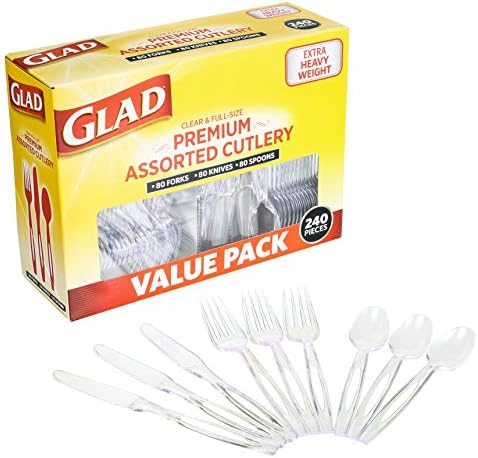 Cutreiros de plástico descartáveis ​​felizes, conjunto variado | Limpar garfos, facas e colheres extras de serviço pesado |