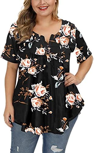 AlleGrante feminino plus size tops de túnices de verão de manga curta V blusas de pescoço de babados de botão fluido