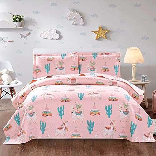 Conjunto de cama de colcha reversível de animais, tampa rosa de cacto azul de alpaca branca, coverlet rosa, microfibra leve